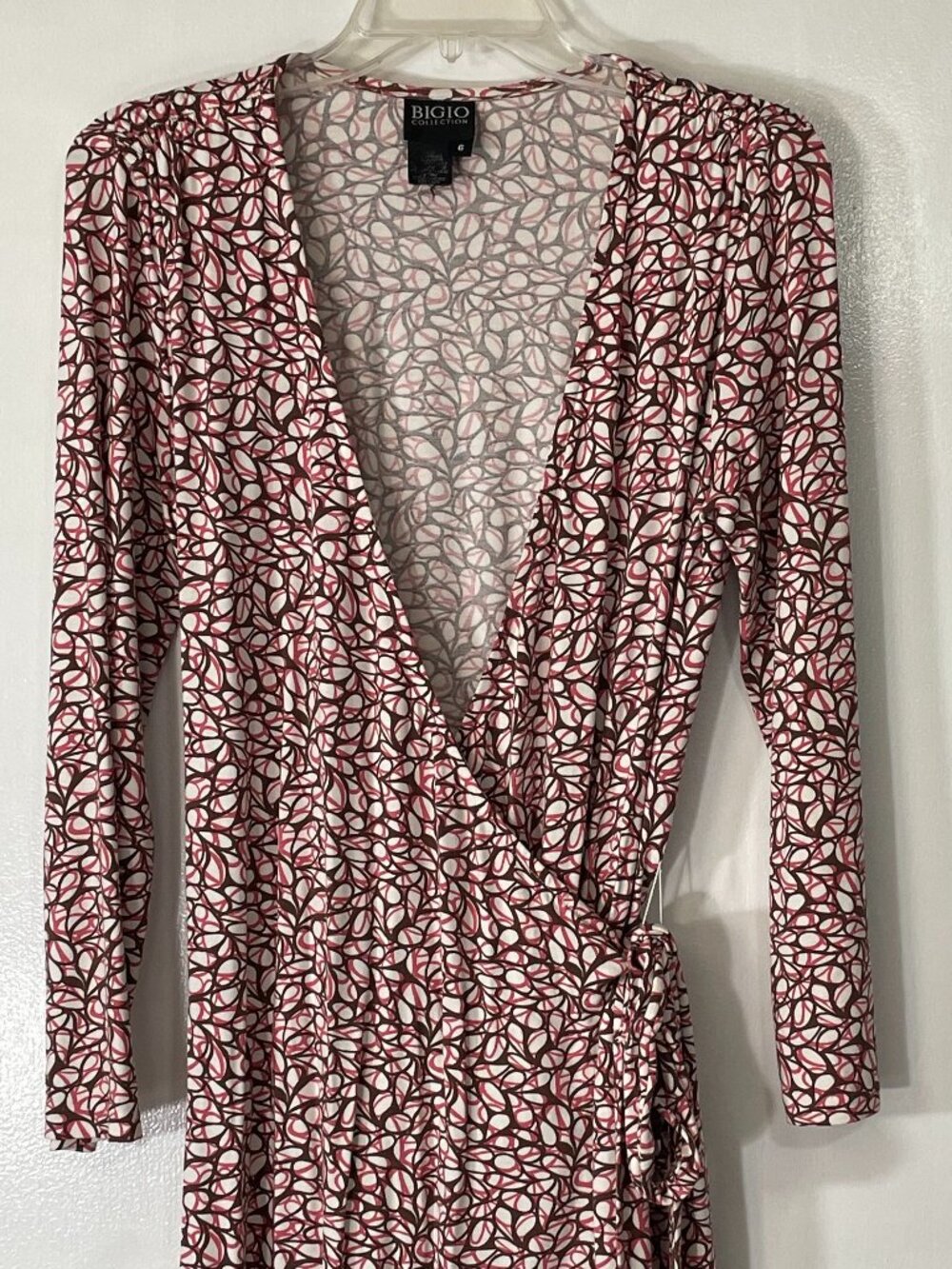 Bigio Collection Women’s Wrap Dress Size 6 Brown Pink White Pattern Knee Length